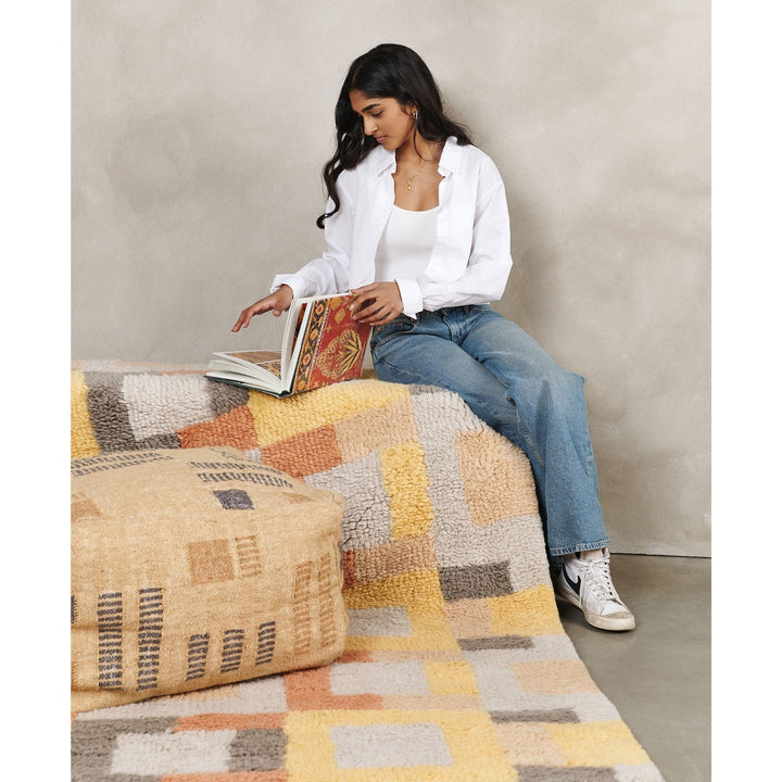 Wheat Geometrical Pattern Jute Cotton Handloom Pouf