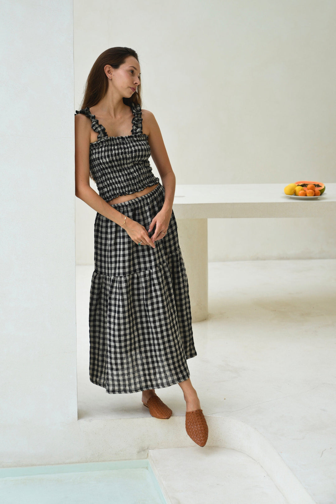 Elena Crinkle Linen Gingham Carry-On Travel Skirt in Black