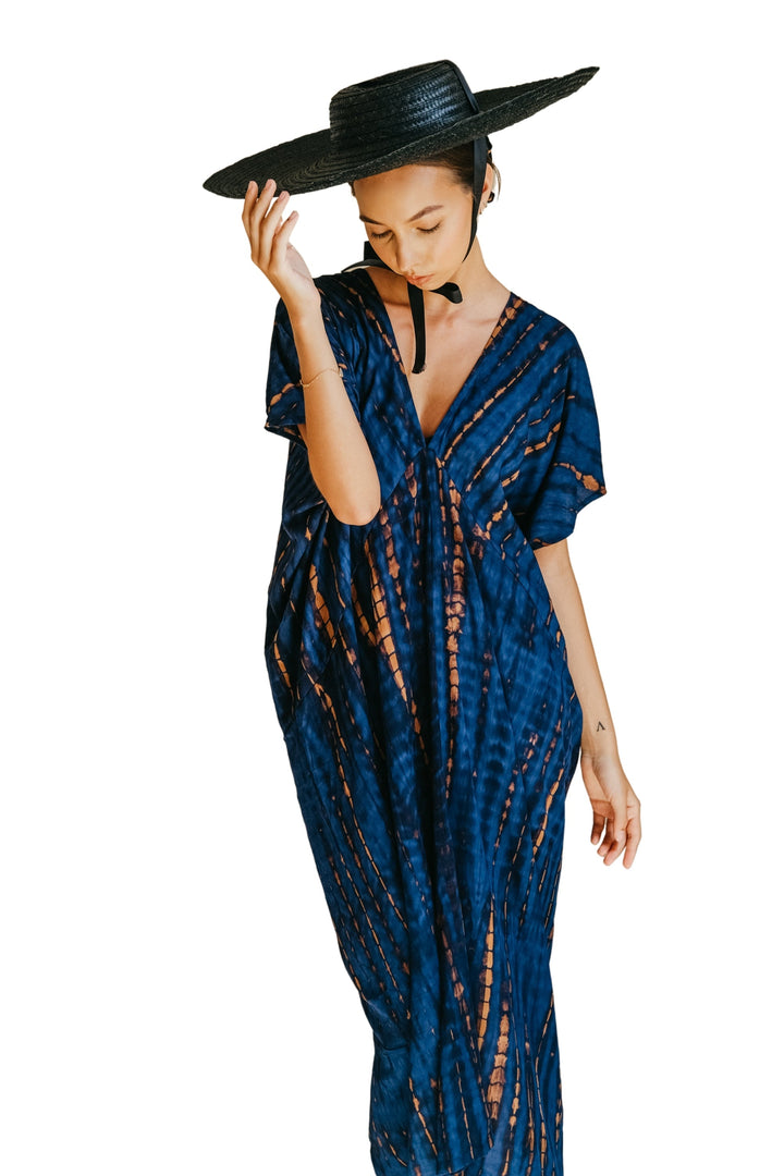 Madella Hand Dyed Kaftan Dress in Ocean blue