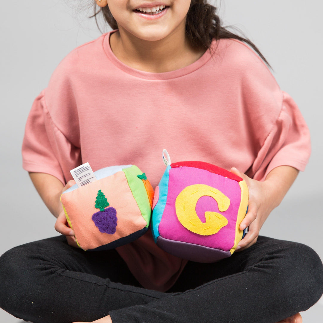 Soft fabric educational blocks with fruit letters handmade from upcycled cotton for early learning play