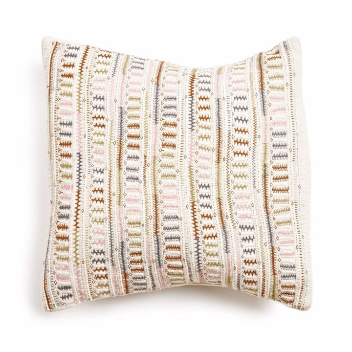 Dahli Coral Hand Woven Hand Embroidered Multicolor White Artisanal Pillow