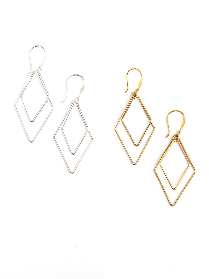 Handmade geometric rhombus dangle earrings in gold tone, crafted by Mexican artisans, 2 inches long