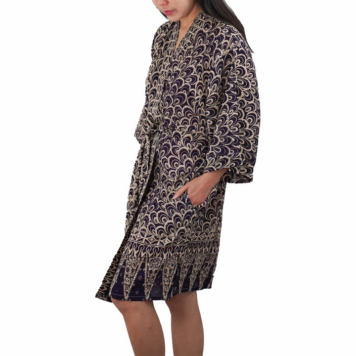 Handmade Batik Robe Kimono | 100% Cotton | Soft, Hand Dyed | Black Gray Peacock