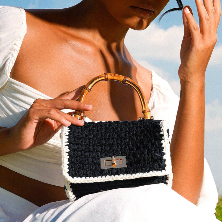 Airmail Mini Crochet Handbag - Black & White