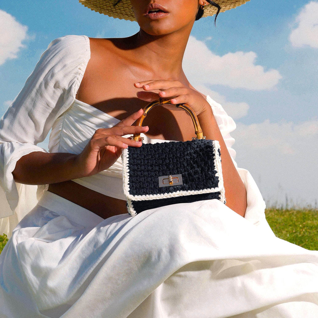Airmail Mini Crochet Handbag - Black & White