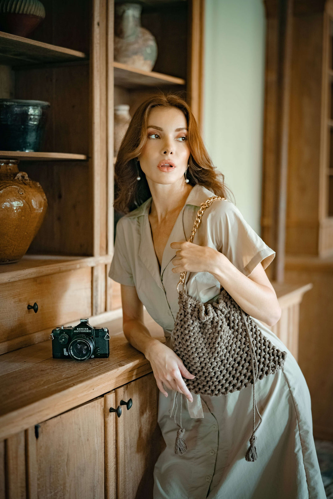 Arya Safari Linen Midi Dress - Beige