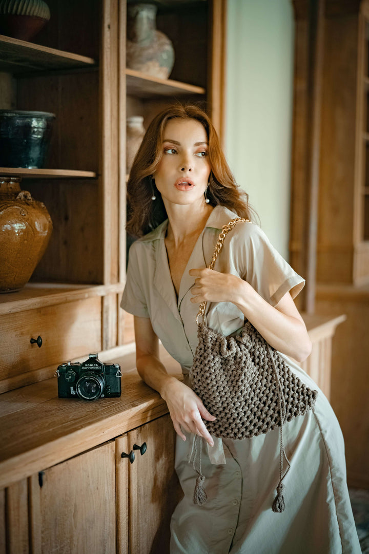 Arya Safari Linen Midi Dress - Beige