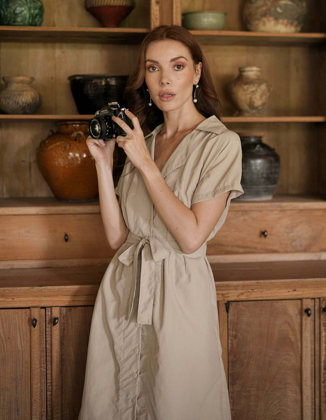 Arya Safari Linen Midi Dress - Beige