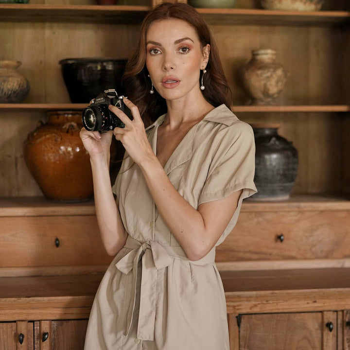 Arya Safari Linen Midi Dress - Beige