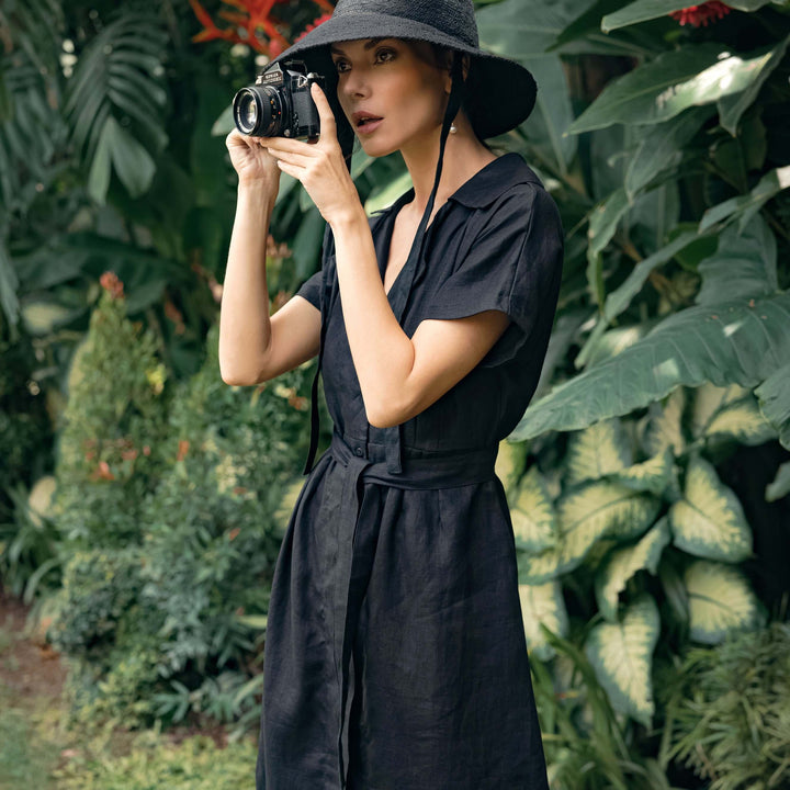 Arya Safari Linen Midi Dress - Black