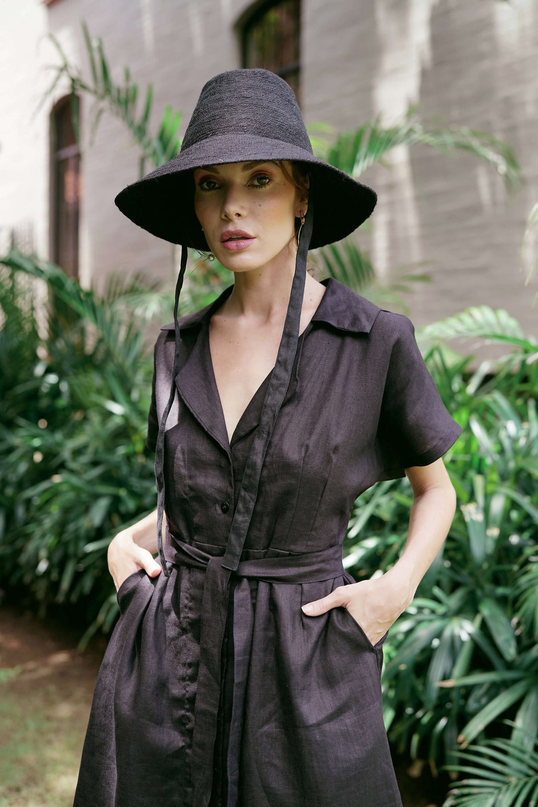Arya Safari Linen Midi Dress - Black