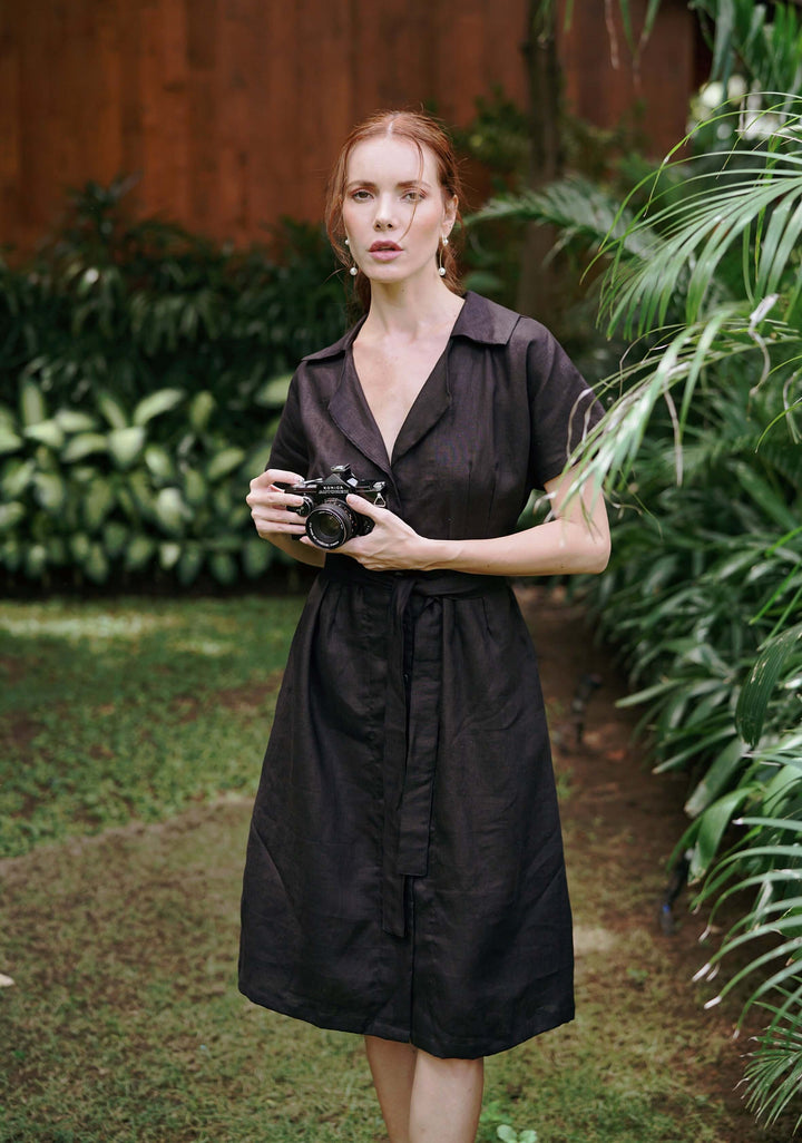 Arya Safari Linen Midi Dress - Black
