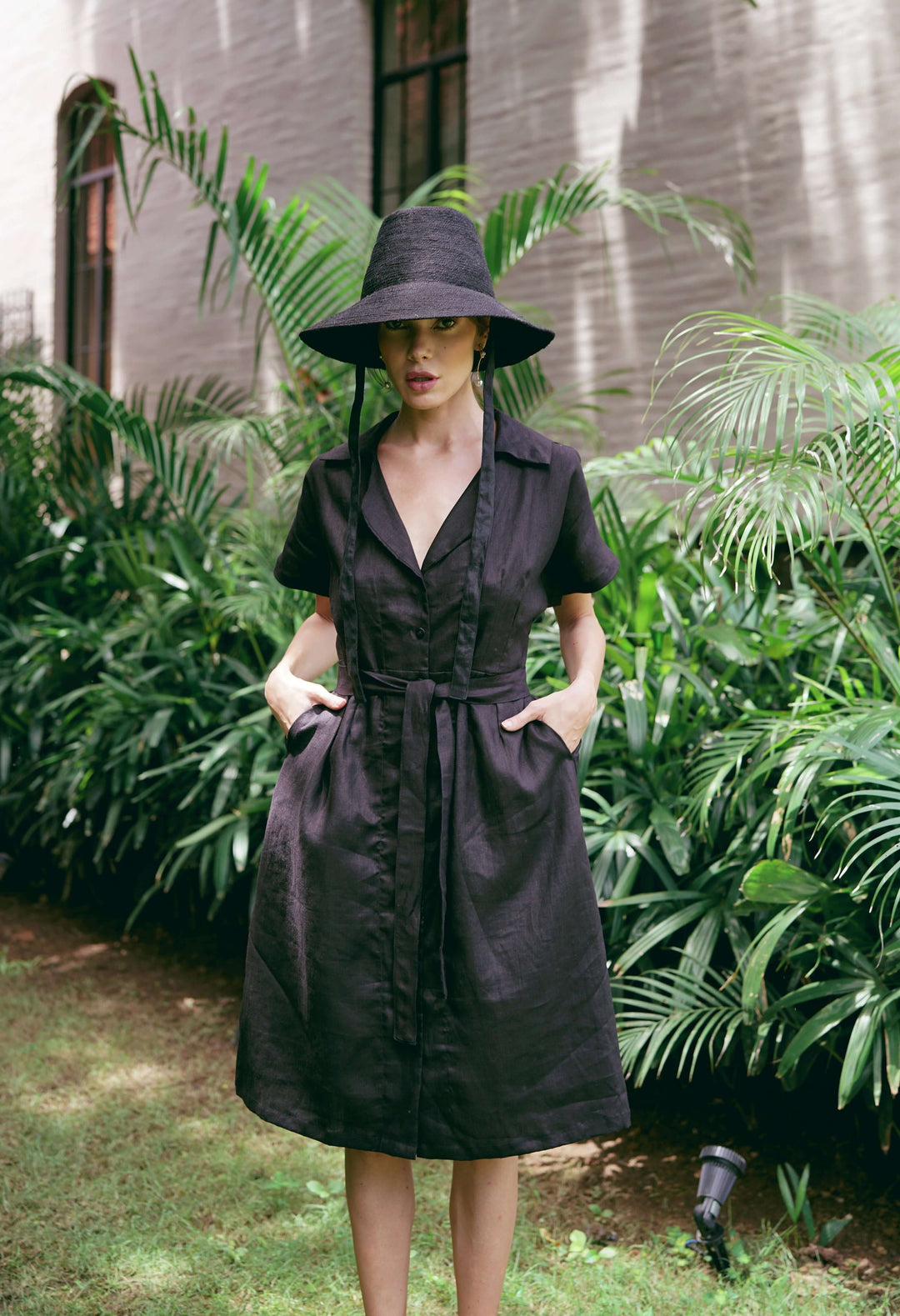 Arya Safari Linen Midi Dress - Black