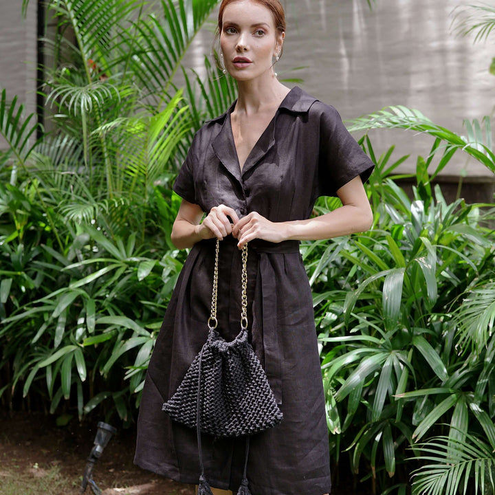 Arya Safari Linen Midi Dress - Black