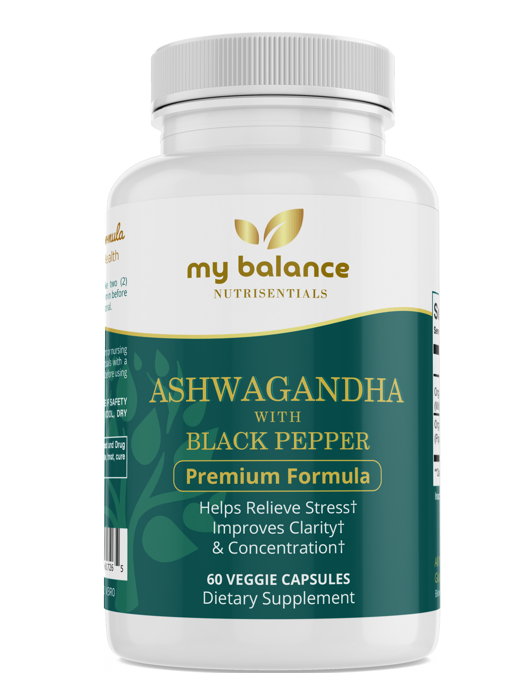 My Balance Nutrisentials Organic Ashwagandha Capsules with Black Pepper for stress relief and clarity, 60 vegan capsules