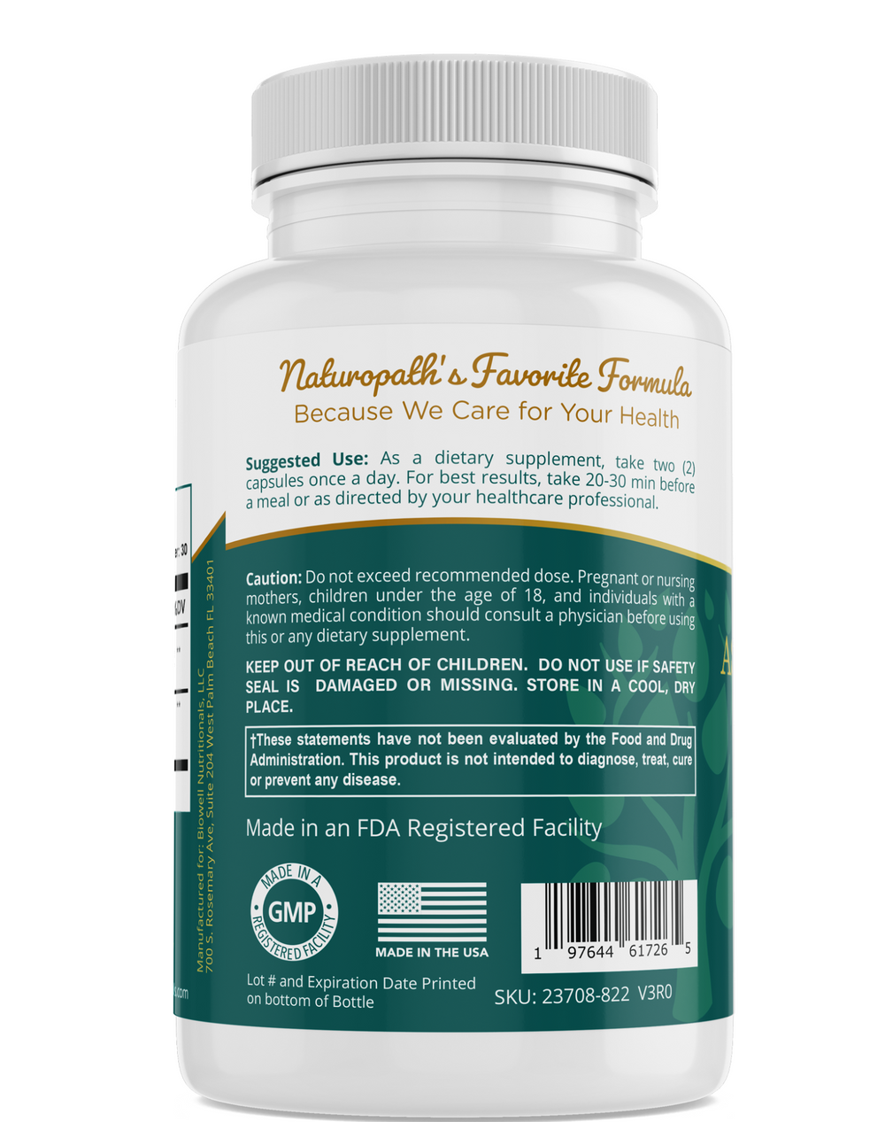 Back label of My Balance Nutrisentials Organic Ashwagandha Capsules showing suggested use, caution, GMP certification, and FDA registration.