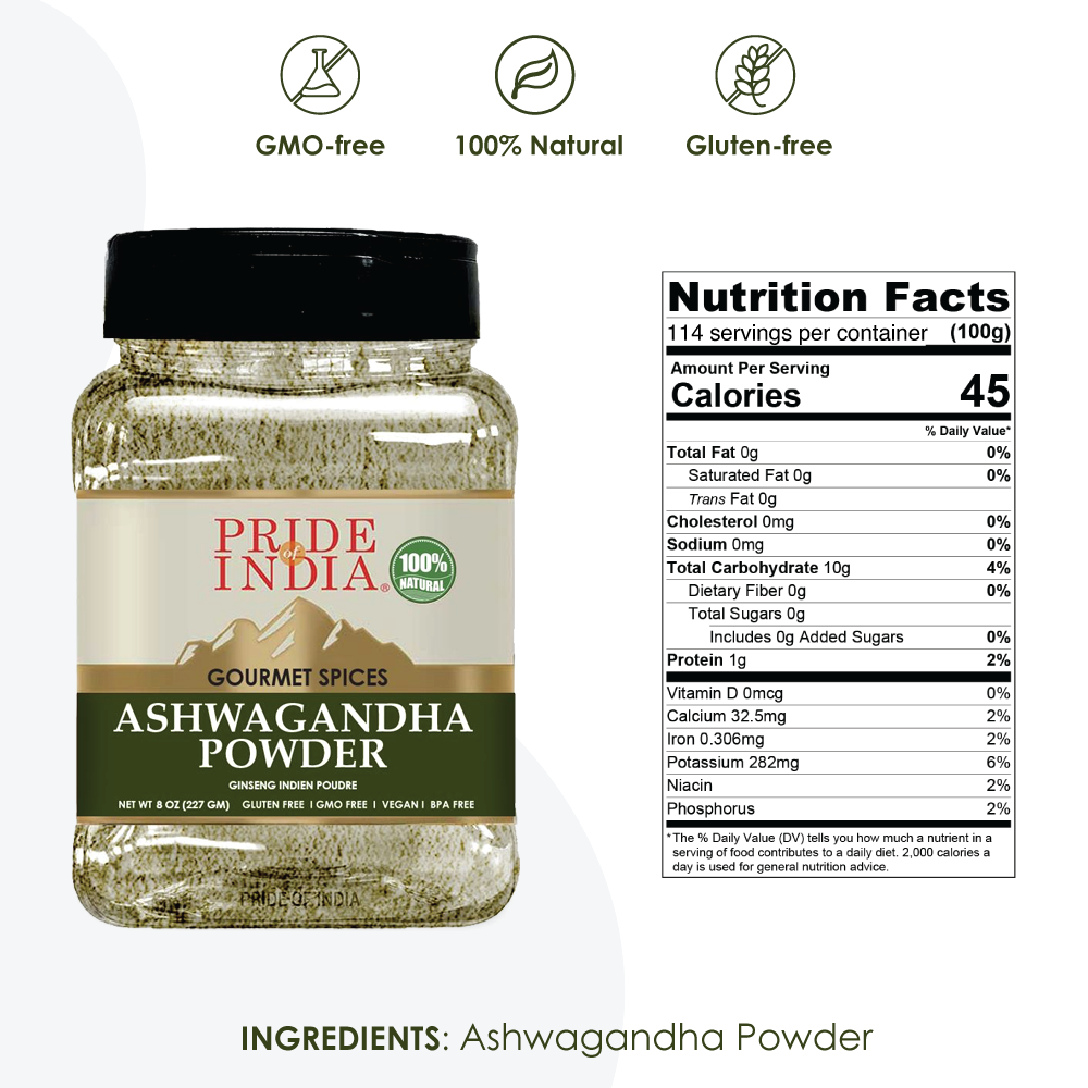 Jar of Pride India Gourmet Ashwagandha Root Powder with nutrition facts, GMO-free, 100% natural, gluten-free labels.