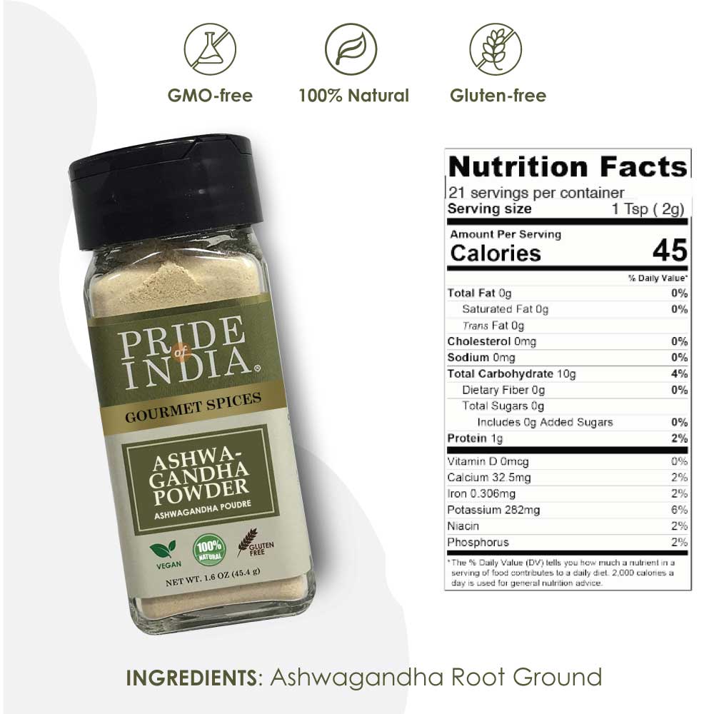 Gourmet Ashwagandha Root Powder by Pride India, shown with nutritional facts, labeled GMO-free, 100% natural, gluten-free.