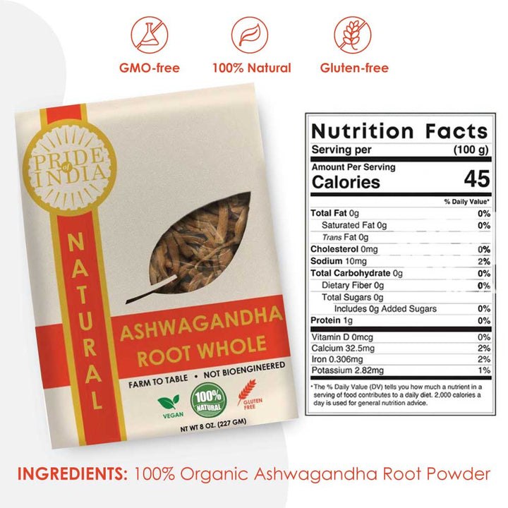 Natural Ashwagandha Root Whole package with nutrition facts; 100% organic, non-GMO, gluten-free; 8oz (227gm) sourced from India.