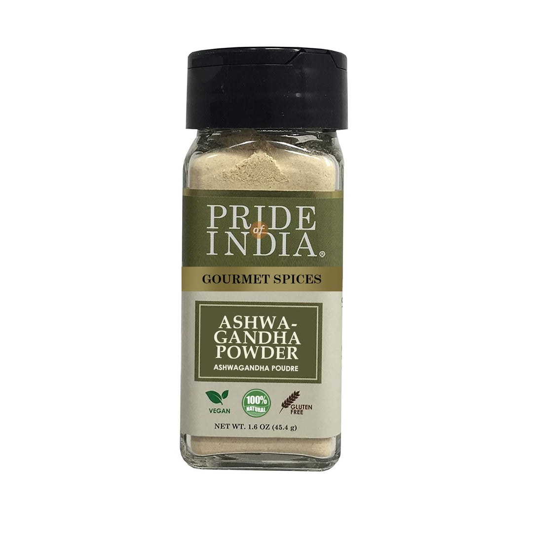 Bottle of Pride of India Gourmet Ashwagandha Root Powder, labeled vegan and gluten-free.