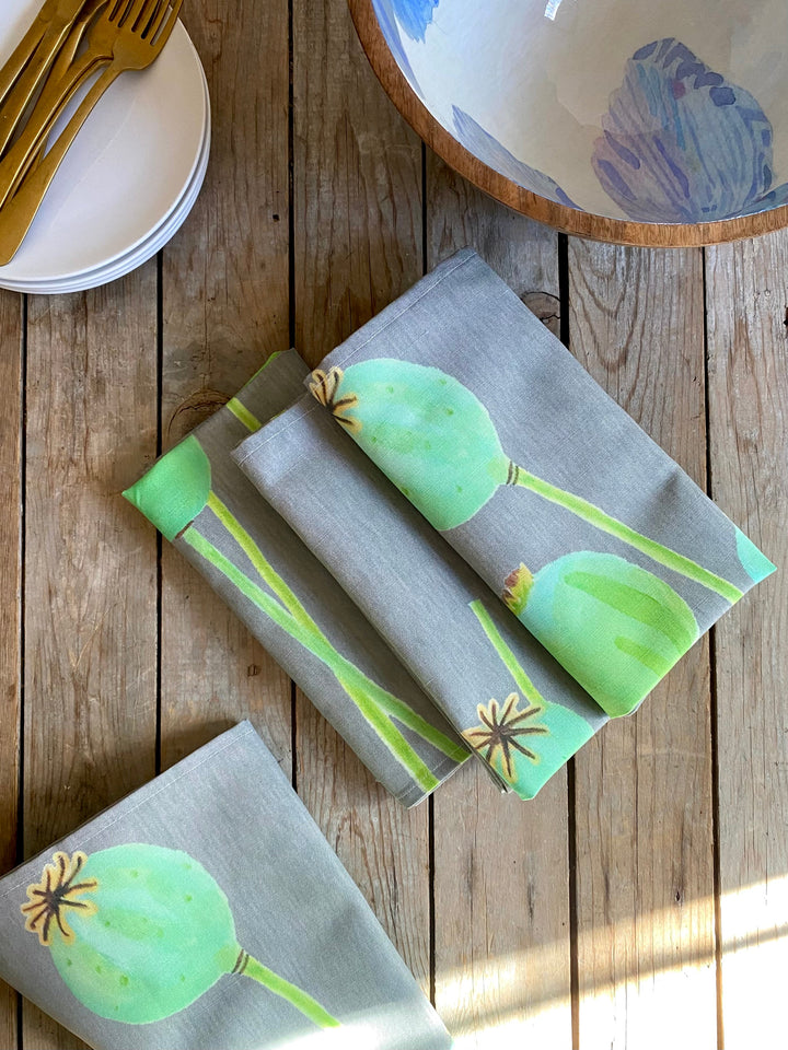Napkin Set: Poppy Pods on Grey