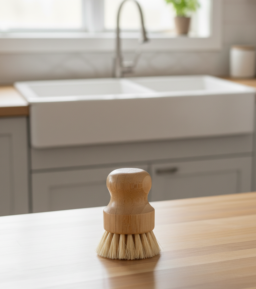 Eco-friendly Cleaning Supplies - bamboo scrub brush on a wooden countertop in a modern kitchen.