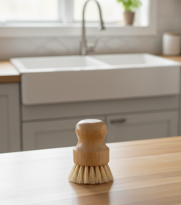 Eco-friendly Cleaning Supplies - bamboo scrub brush on a wooden countertop in a modern kitchen.