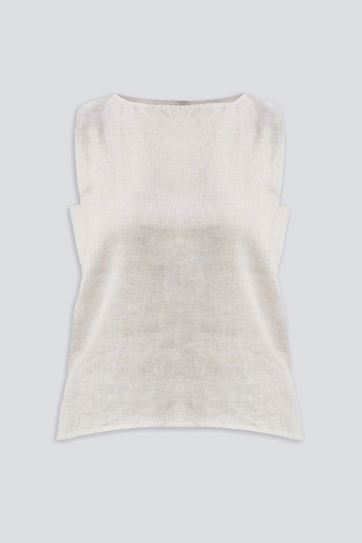 Boat Neck Top in Checkered Linen