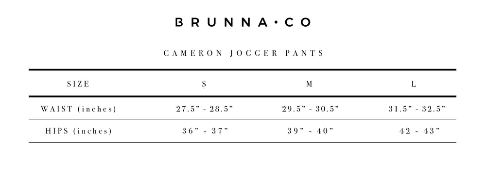 Size chart for Cameron Jogger Pants by Brunna Co showing measurements for waist and hips in sizes S, M, and L.