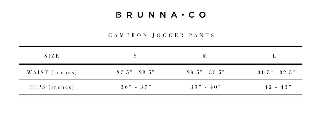 Size chart for Cameron Jogger Pants by Brunna Co showing measurements for waist and hips in sizes S, M, and L.