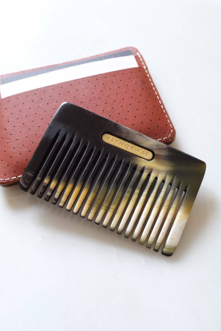 Pocket-sized Chai Buffalo Horn Comb with leather card holder, for hair and beard, ethically-sourced, by Hathorway.