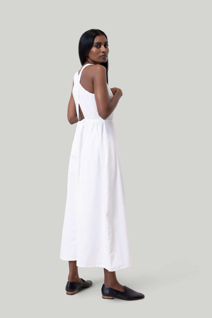 Cross-back Midi Dress - Eyelet Embroidery