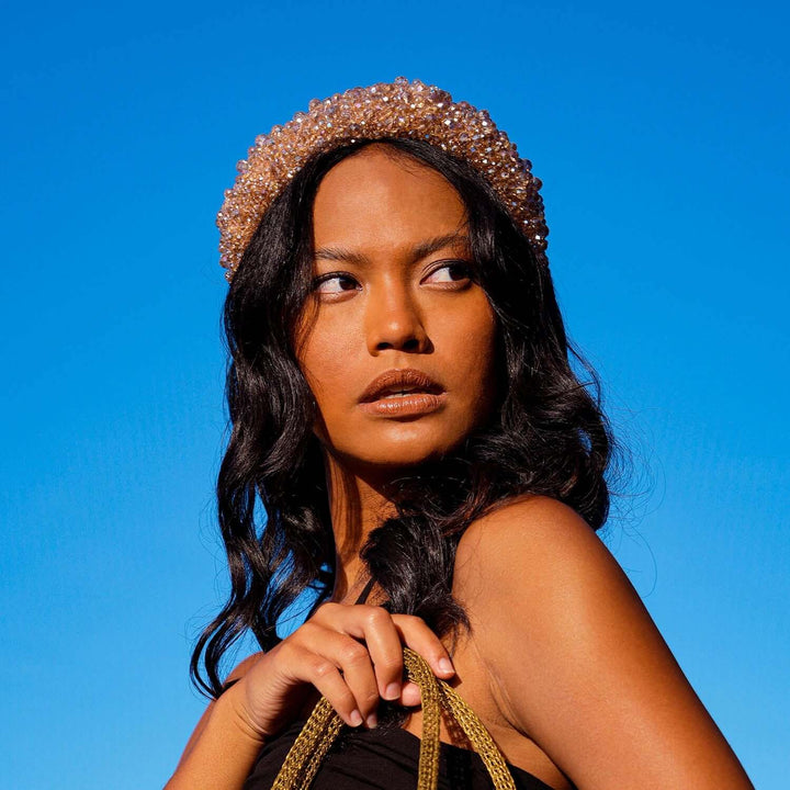 Crown Glass Crystal Beads Headband - Champagne Beige