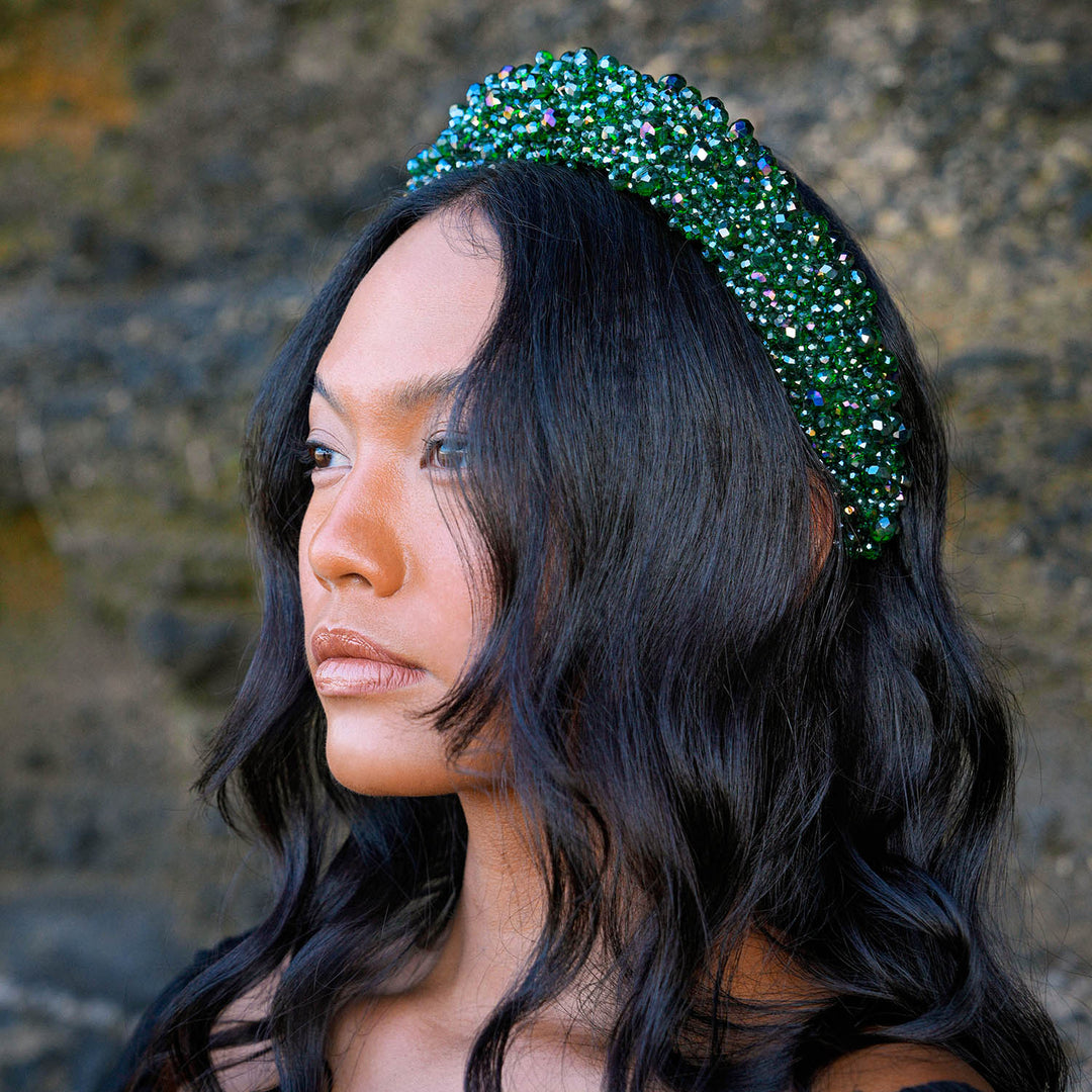 Crown Glass Crystal Beads Headband - Emerald Green