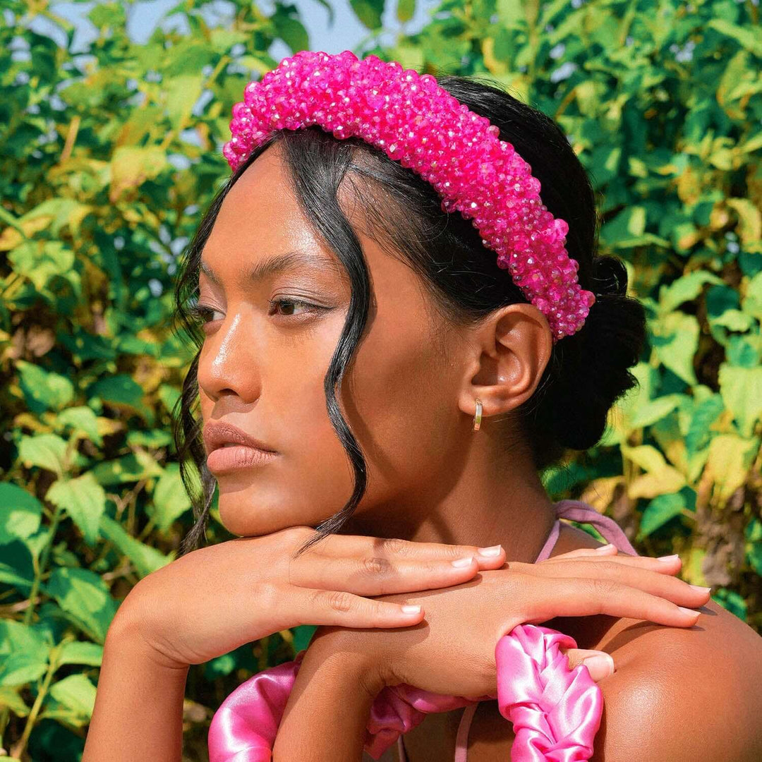 Crown Glass Crystal Beads Headband - Shocking Pink