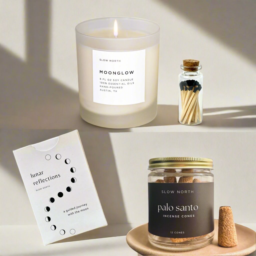 Calming Rituals Collection featuring a candle, Palo Santo incense cones, matches, and moon phase cards, perfect for relaxation gifts.