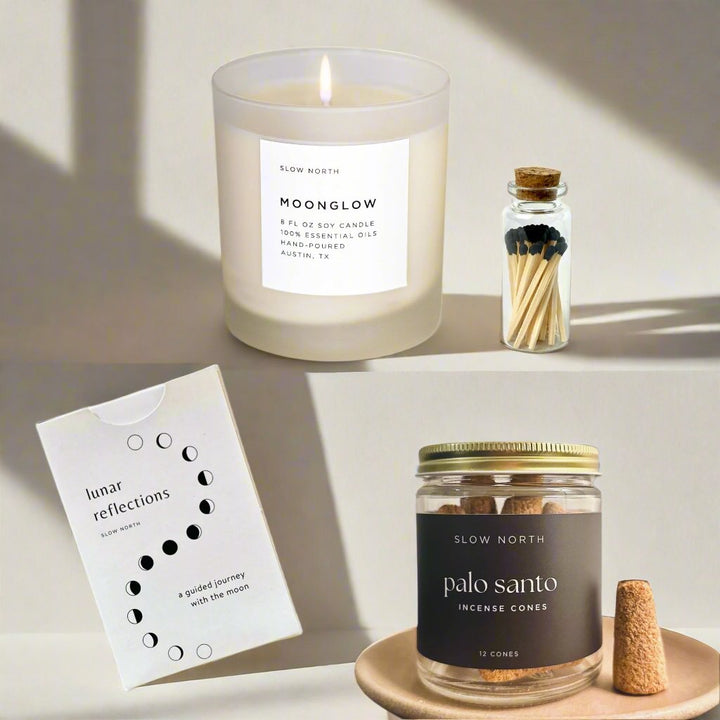 Calming Rituals Collection featuring a candle, Palo Santo incense cones, matches, and moon phase cards, perfect for relaxation gifts.