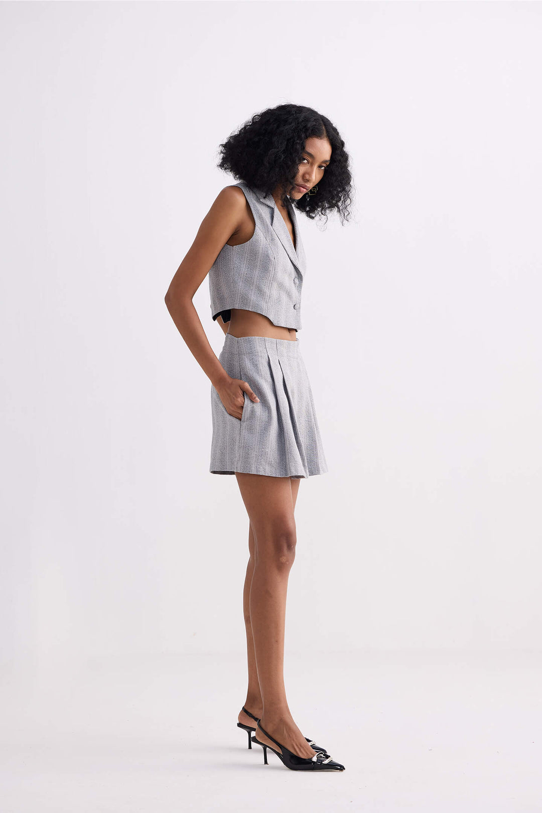Cropped Cotton Tweed Vest in Grey