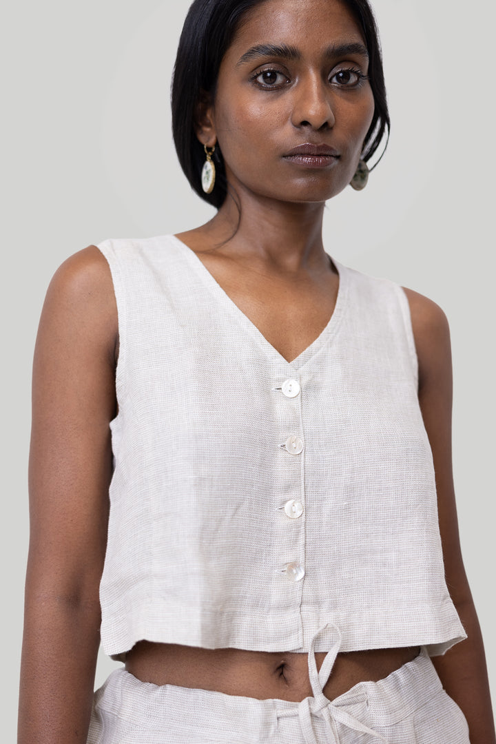 Cropped Vest Set - Linen Checks