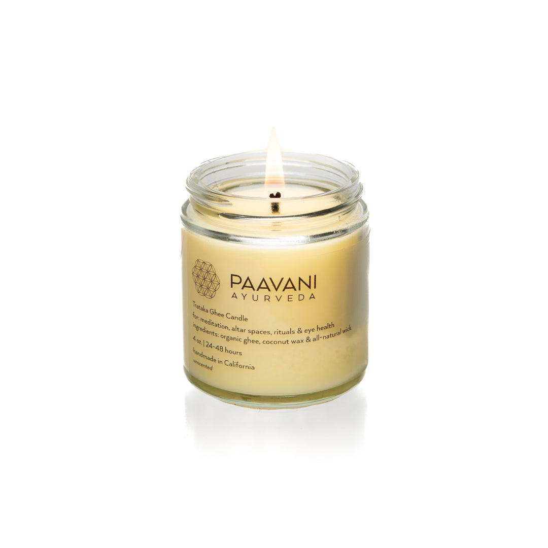 Trataka meditation candle with organic ghee in a glass jar for focus and eye health by Paavani Ayurveda