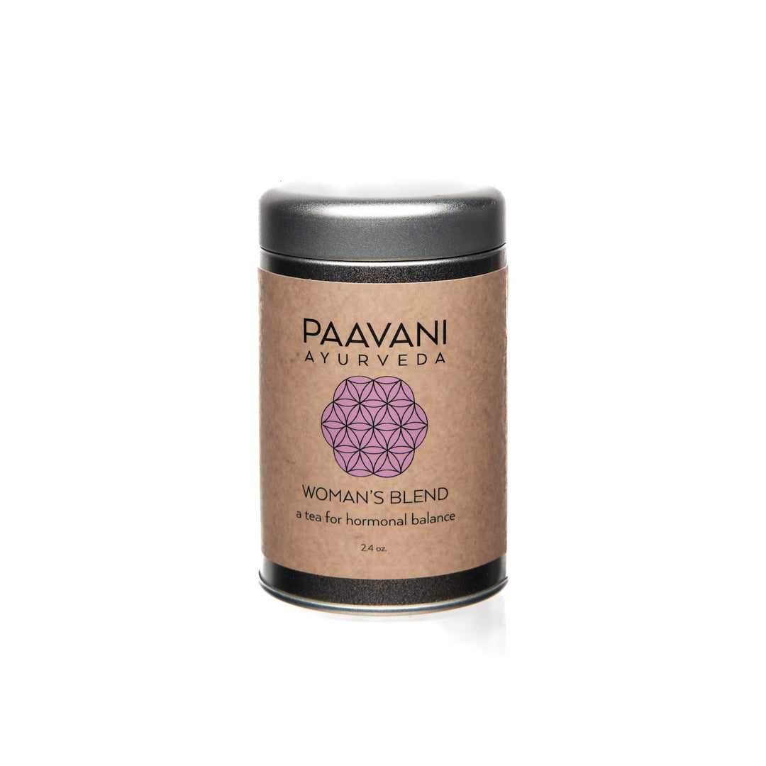 Paavani Ayurveda Women's Blend Tea for Hormonal Balance, 24 oz, in eco-friendly packaging.