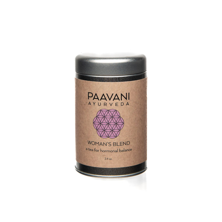 Paavani Ayurveda Women's Blend Tea for Hormonal Balance, 24 oz, in eco-friendly packaging.