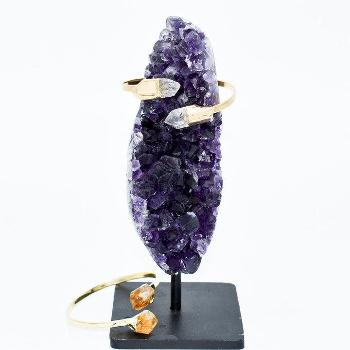 Natural citrine and clear quartz double point crystal bracelets in gold and silver plated metal settings