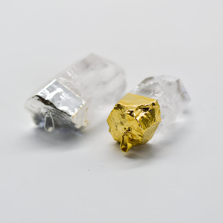 Large natural quartz crystal point pendant with gold plated setting handmade in Brazil for conscious jewelry lovers