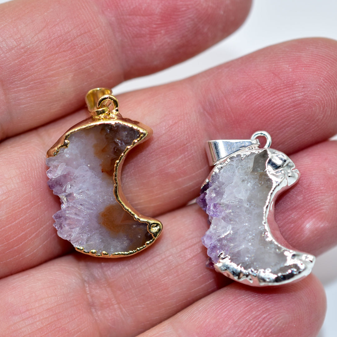Mini Amethyst Slice Plated Moon Pendant or Necklace
