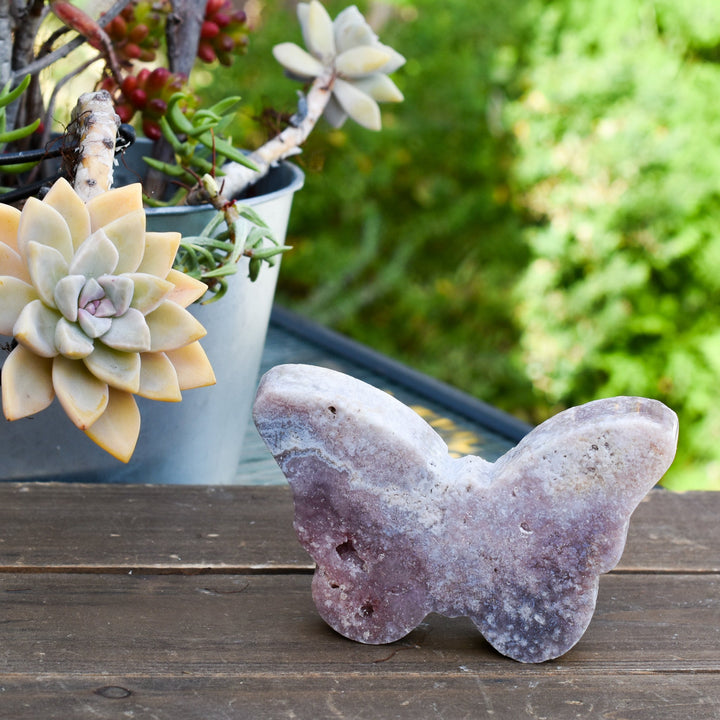 Pink amethyst butterfly crystal carving handmade in Brazil, approximately 4x4 inches with natural rose coloring