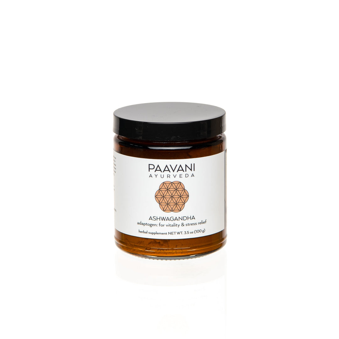 Ashwagandha Powder jar by Paavani Ayurveda for vitality and stress relief, 100g supplement.