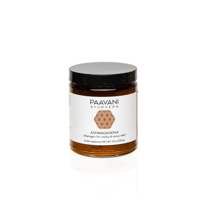 Ashwagandha Powder jar by Paavani Ayurveda for vitality and stress relief, 100g supplement.