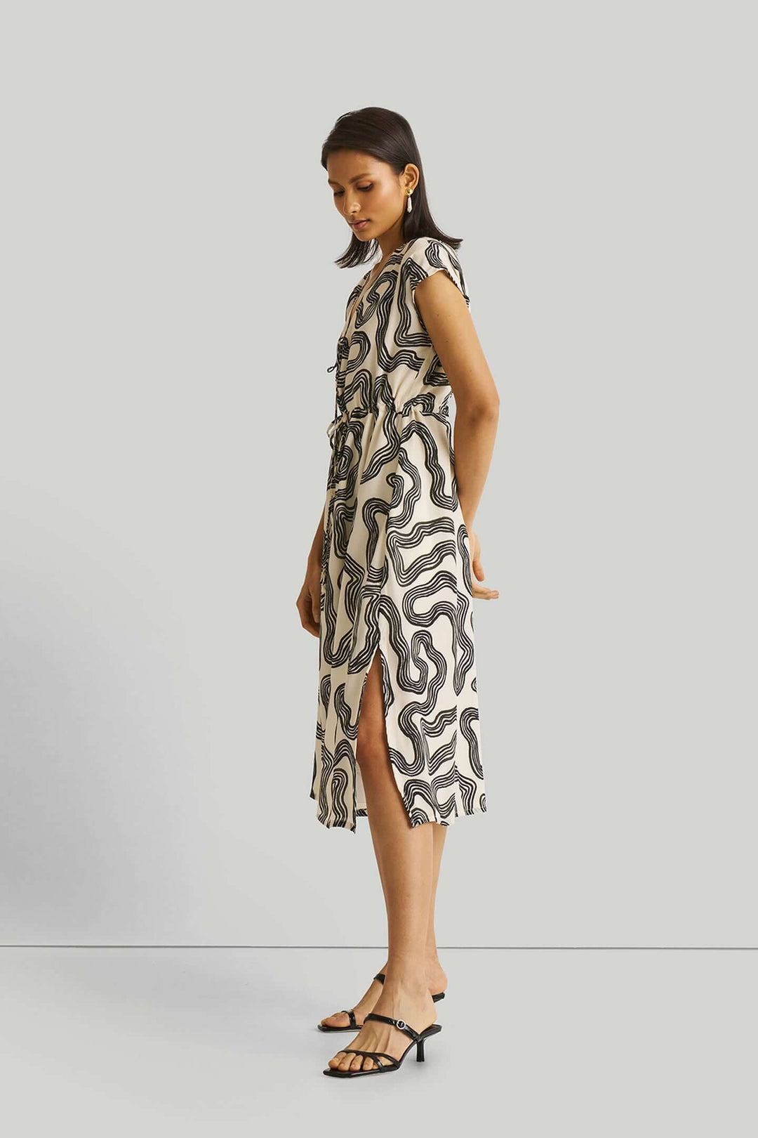 Deep V-neck Gathered Dress - Black Stripes