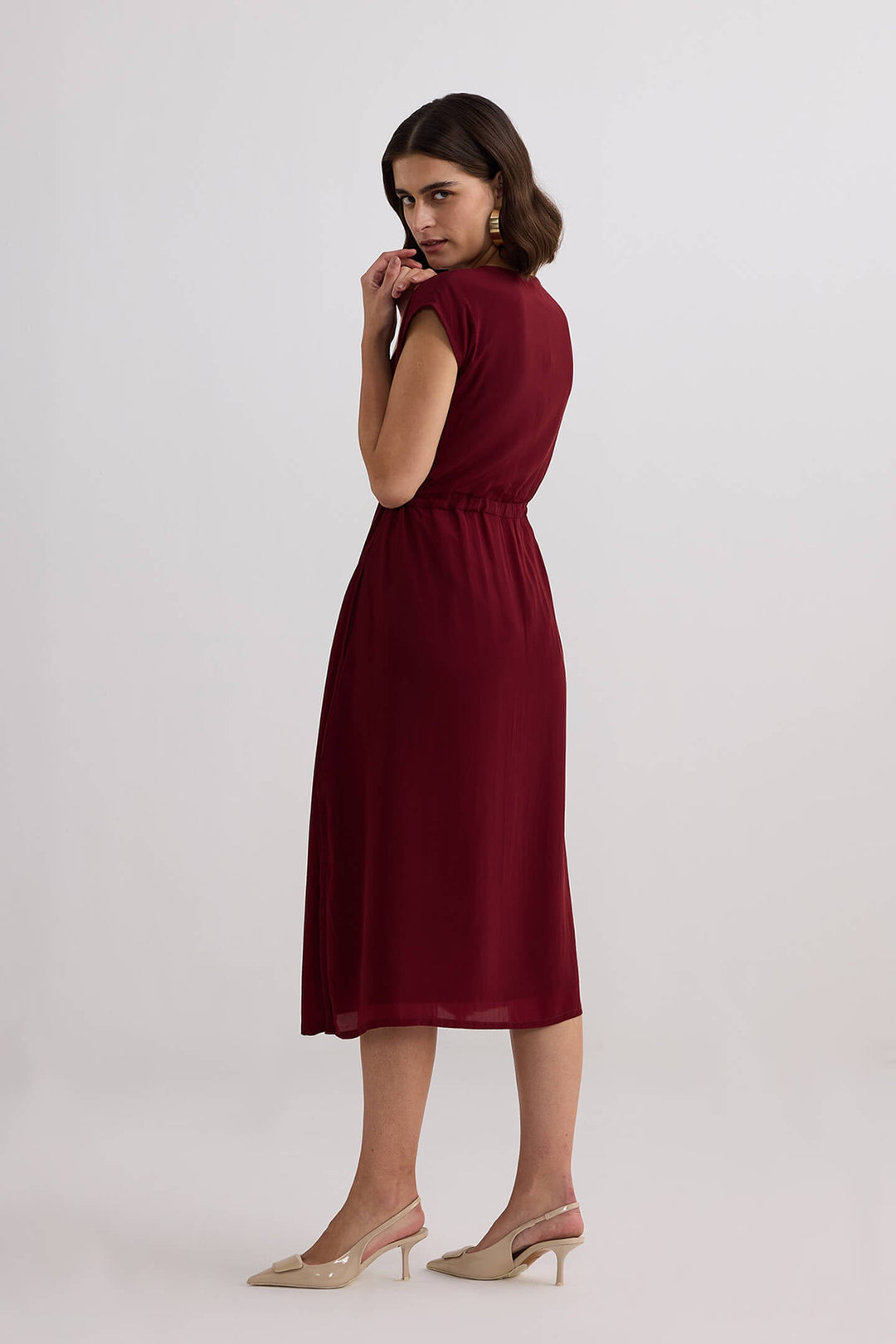 Deep V-neck Gathered Dress in Burgundy Burgundy / 2XL